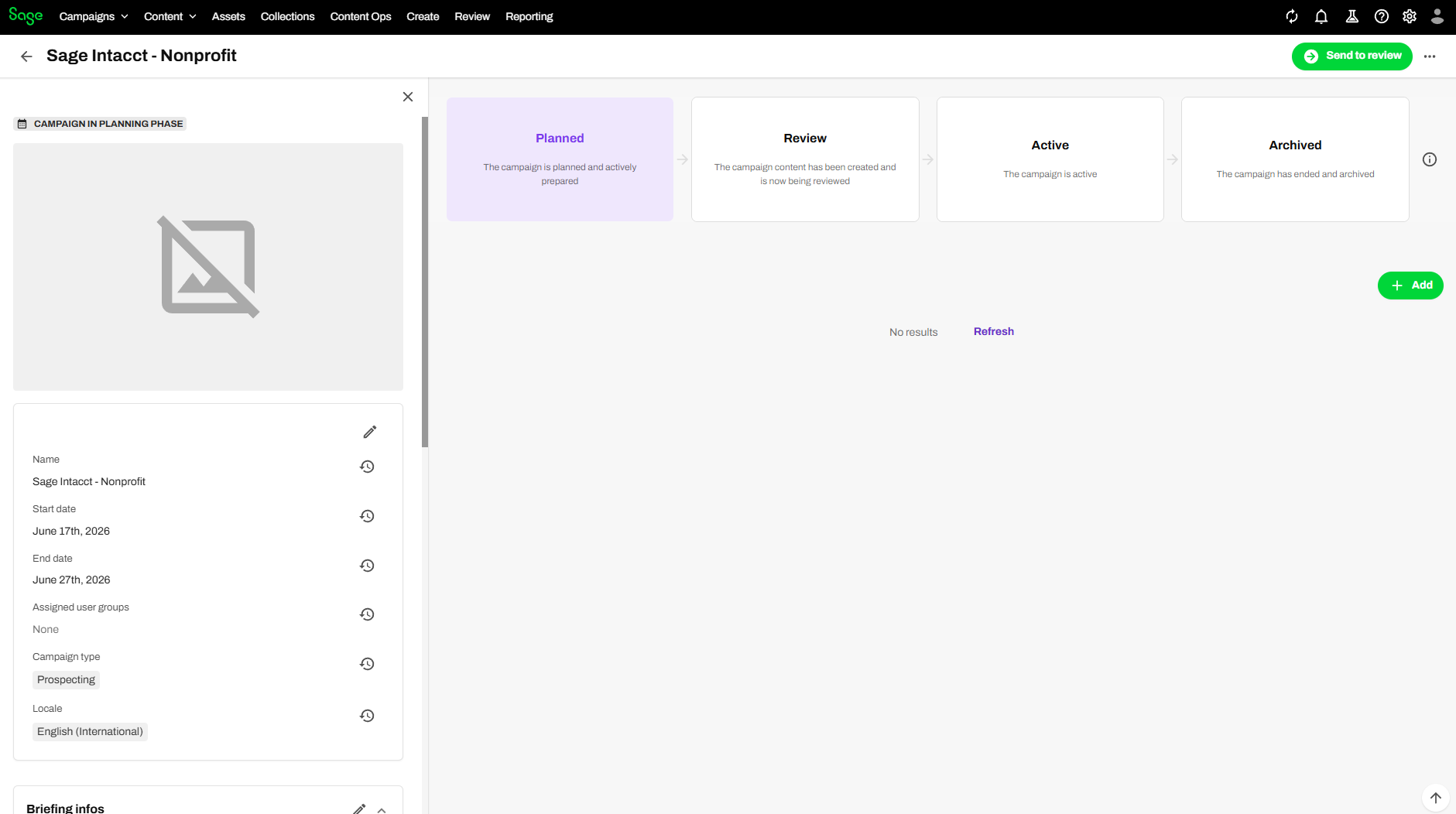 Your campaign page in Content Hub with the green Add button in the top right
