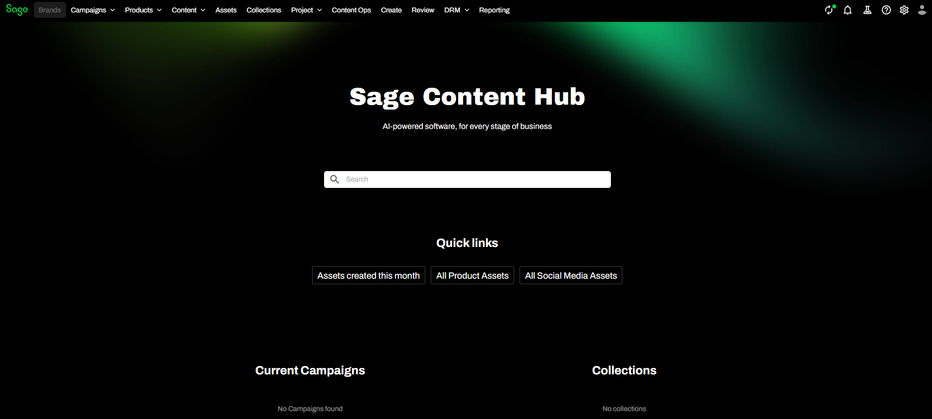 Sage Content Hub home page with the menu bar β Campaigns, Products, Content, Assets, Collections, Create, Review, Reporting