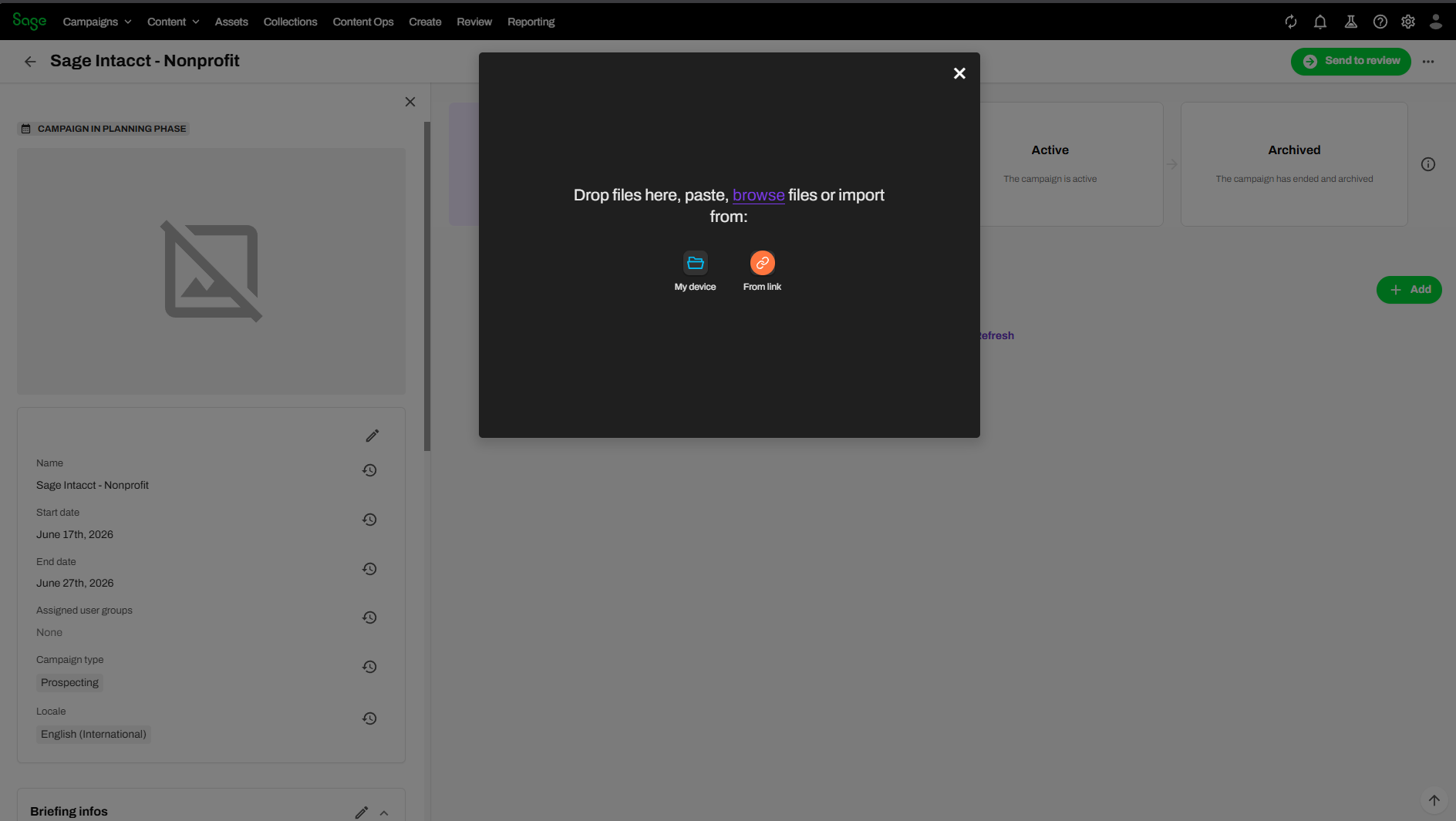 Upload dialog — drop files here, or choose My device or From link